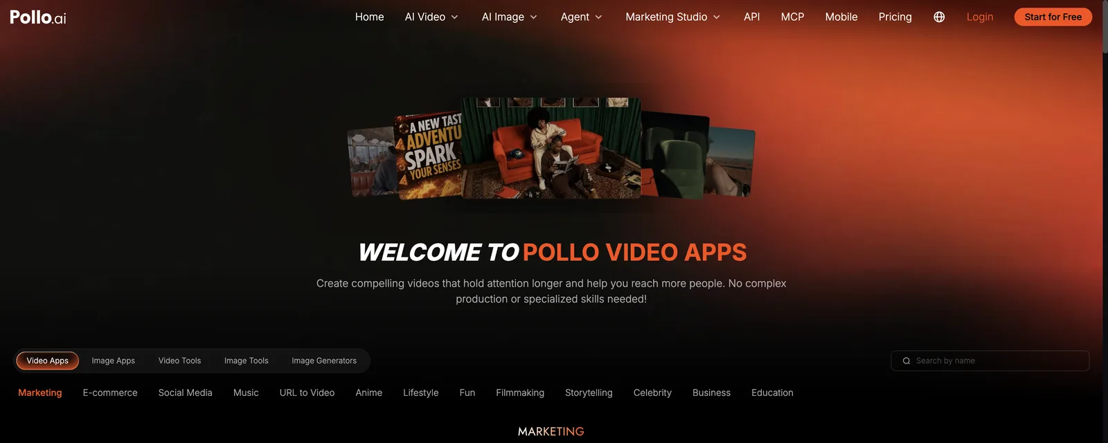 Katalog von Pollo Video Apps, sortiert in Kategorien wie Anime, Social Media und E-commerce