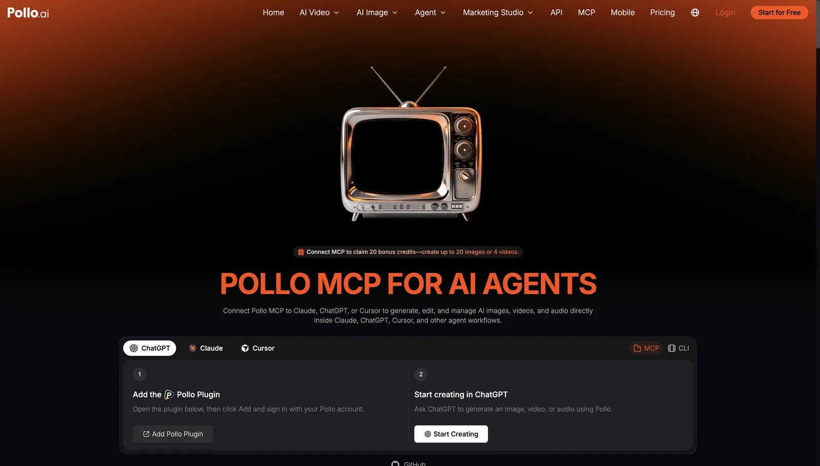 Pollo-MCP-Seite, die erklärt, wie man Cursor, Claude oder ChatGPT verbindet