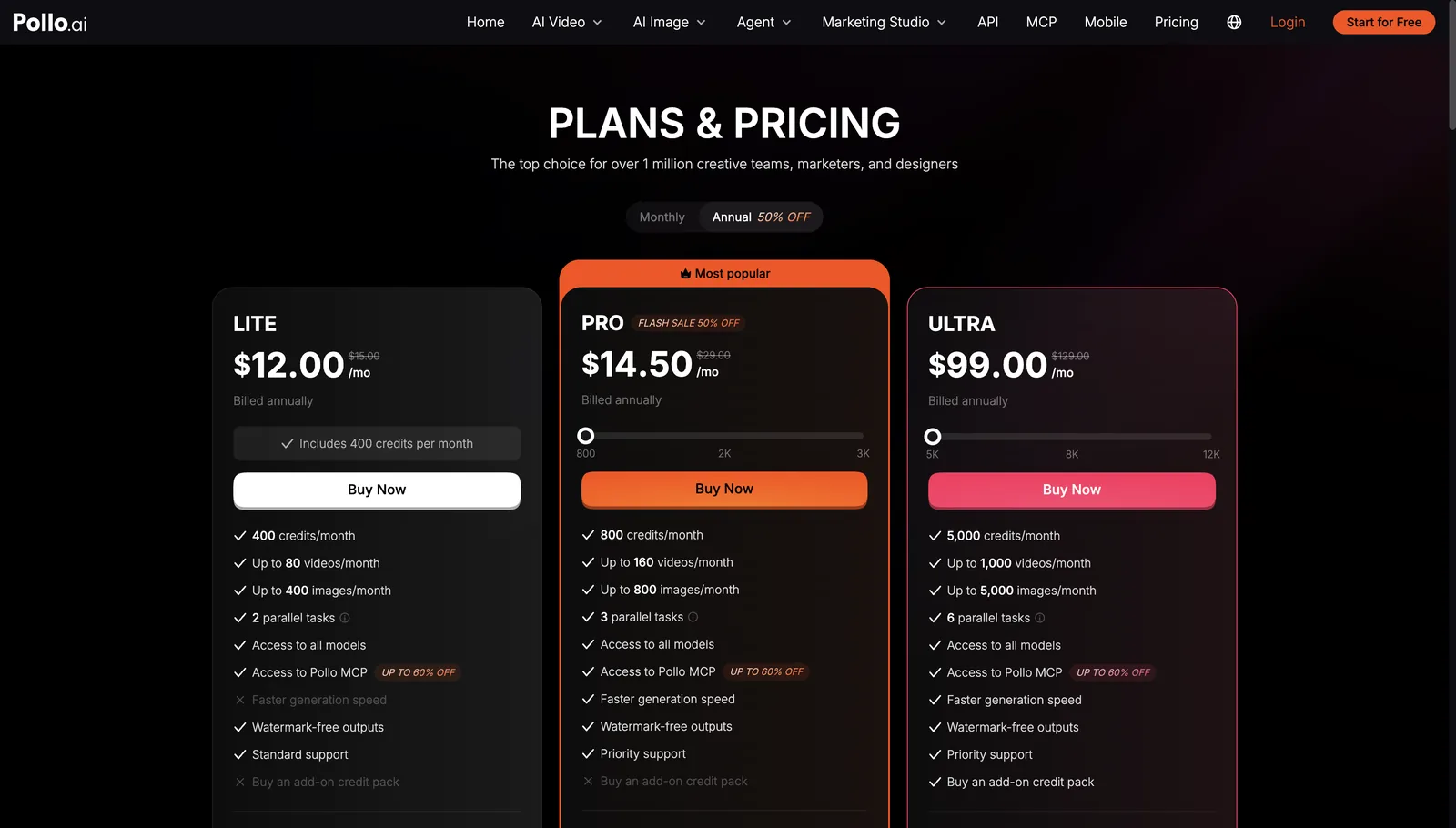 Preise von Pollo AI bei Jahresabrechnung: Lite für $12, Pro im Blitzangebot für $14.50, Ultra für $99 im Monat
