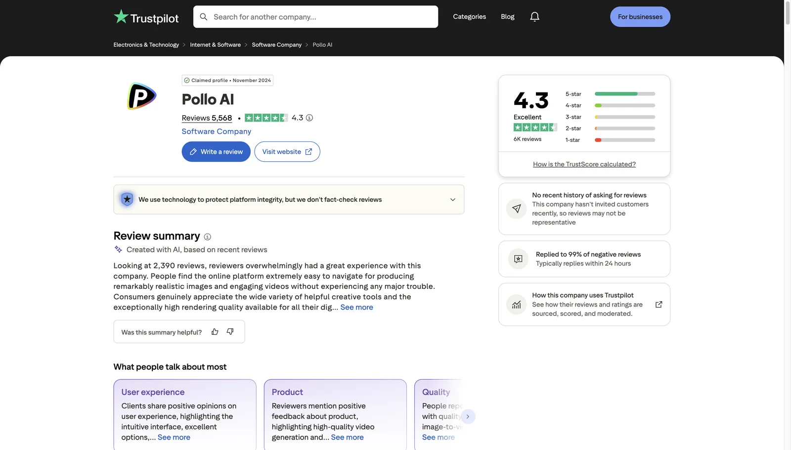Trustpilot-Seite von Pollo AI mit einem TrustScore von 4,3 bei 5.568 Bewertungen und einem beanspruchten Profil