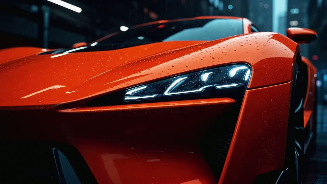 Der Scheinwerfer eines orangefarbenen Konzept-Supersportwagens mit Regentropfen auf dem Lack bei Nacht.